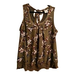 Janet Chung Sleeveless Floral Top Blouse Olive Green Floral Lace 2X